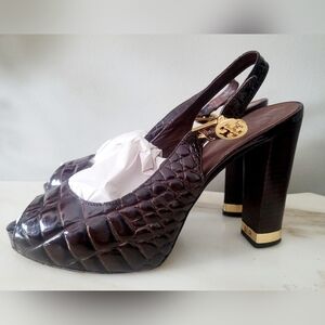 Tory Burch Allison Stanning Patent Crocs Leather Slingback Peep Toe Heels US 8.5
